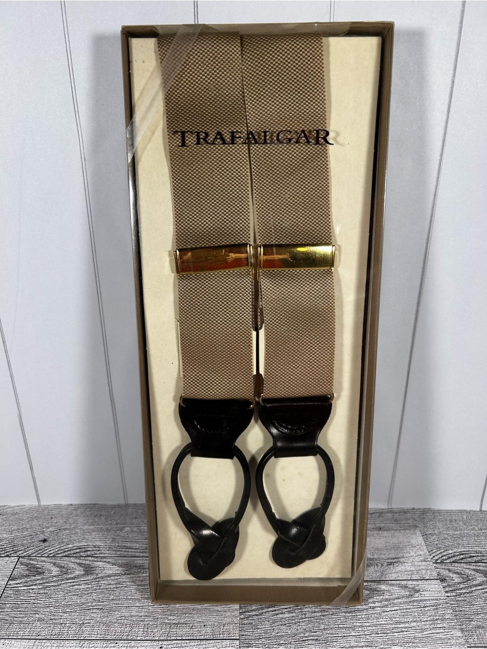 Trafalgar Khaki Tan Suspenders with Gold Hardware and Dark Leather Ends NEW
